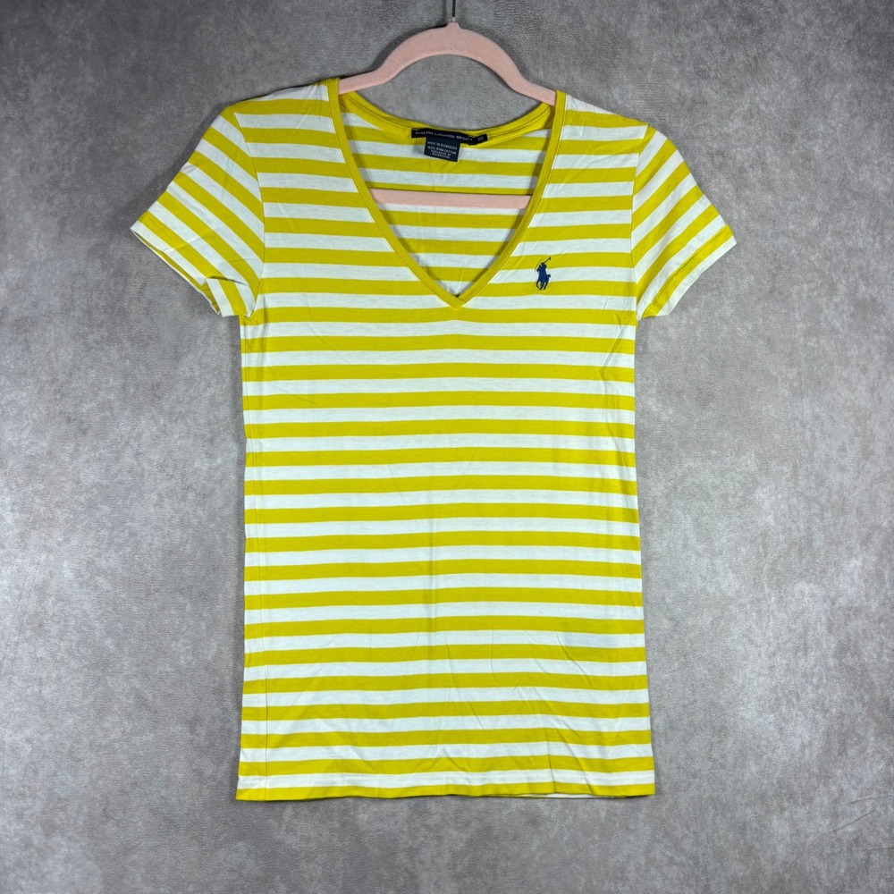 Ralph Lauren Y2K T Shirt Womens XS Yellow Striped Sport Pima Cotton V Neck Logo